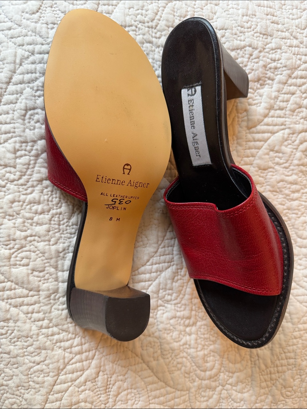 Etienne Aigner Red Leather Slide Mules with Black Sole